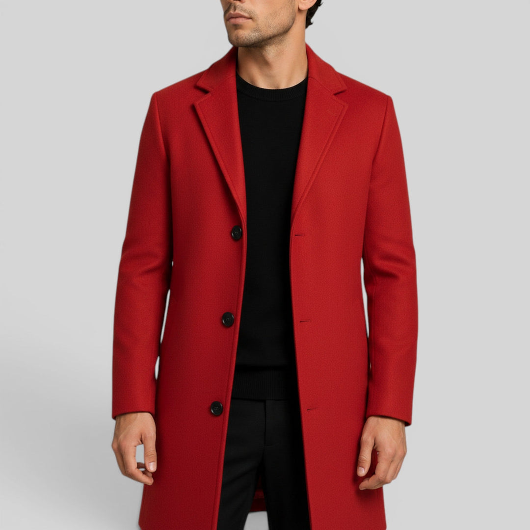 Warm men's winter overcoat with lapel collar & button front for cold weather style.