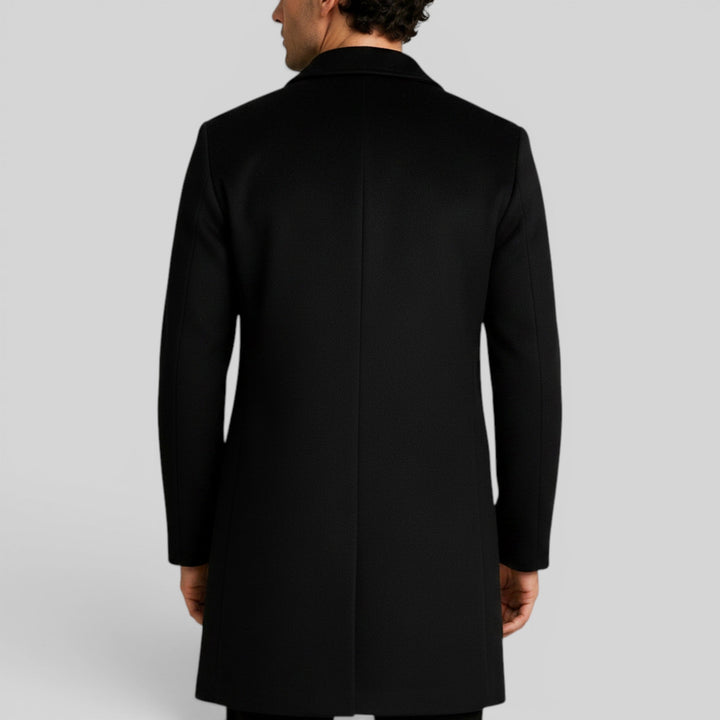 Warm & stylish men's mid-length trench coat, button front, perfect for cold weather fashion.