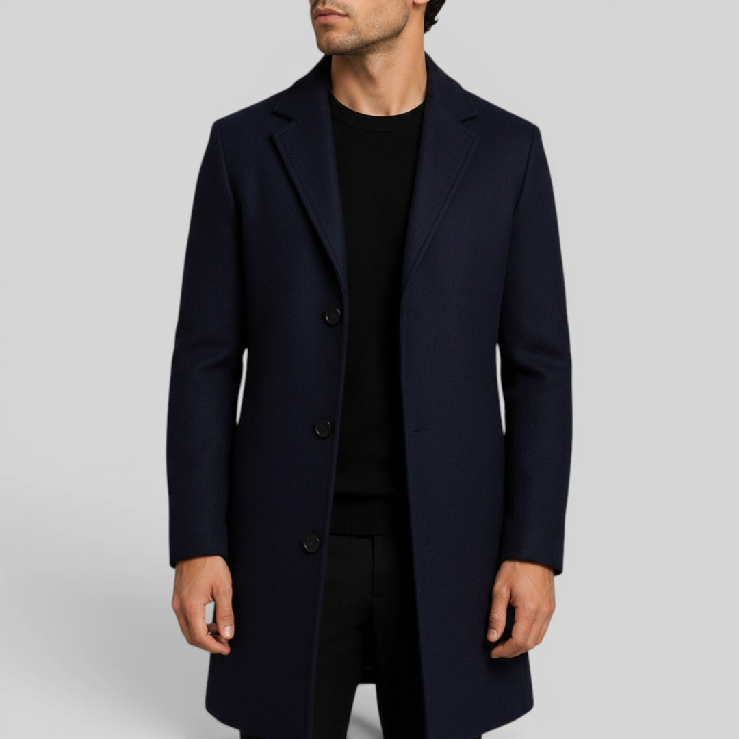 Versatile men's mid-length trench coat, button front, suitable for formal & casual winter wear.