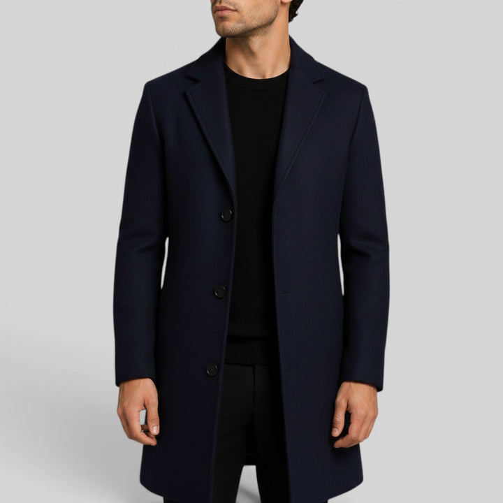 Versatile men's mid-length trench coat, button front, suitable for formal & casual winter wear.
