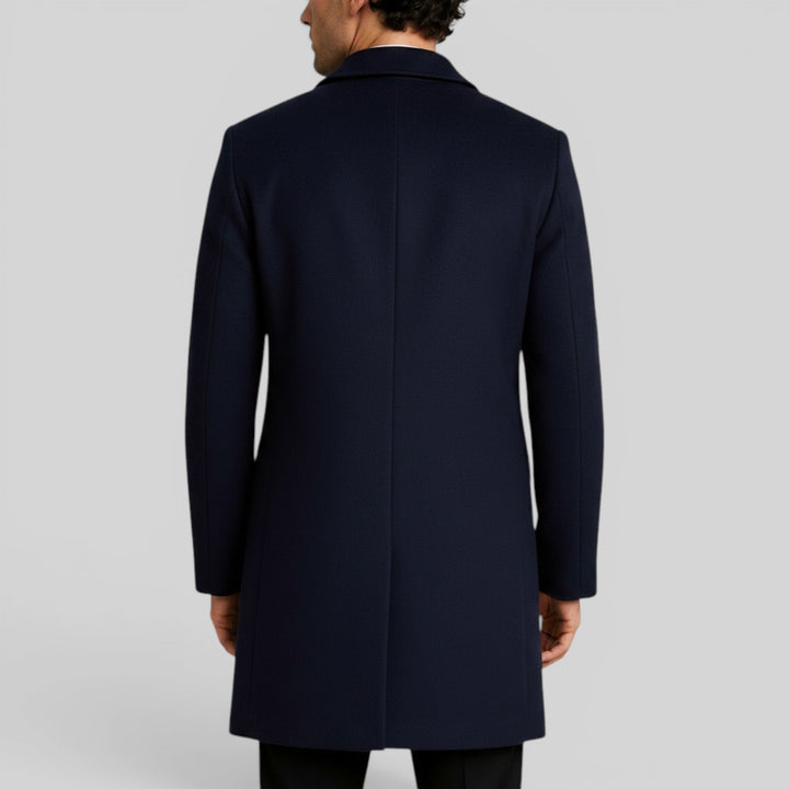 Men's trench coat, mid-length, featuring a sophisticated button-front closure and lapel collar.