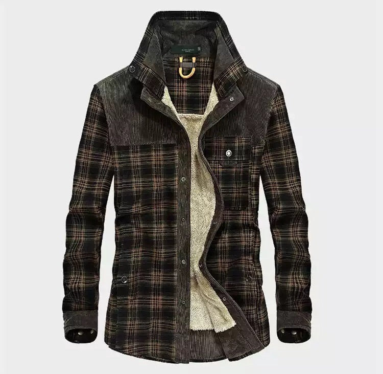 Men's warm plaid shacket with cozy fleece lining. Ideal casual button-down outerwear for winter layering.