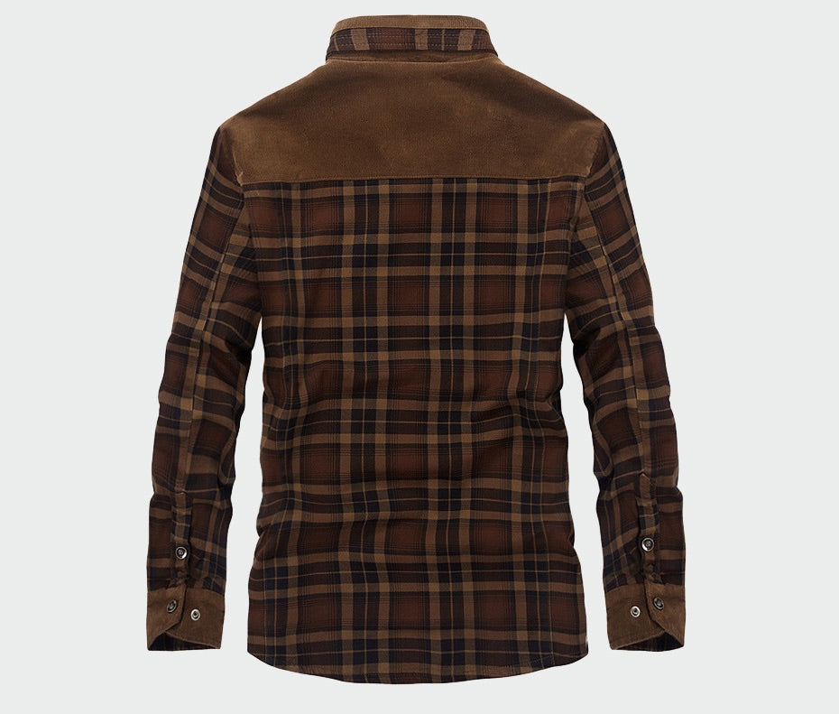 Casual men's winter plaid shirt jacket, featuring a warm, soft lining and button-down front. Great for layering.