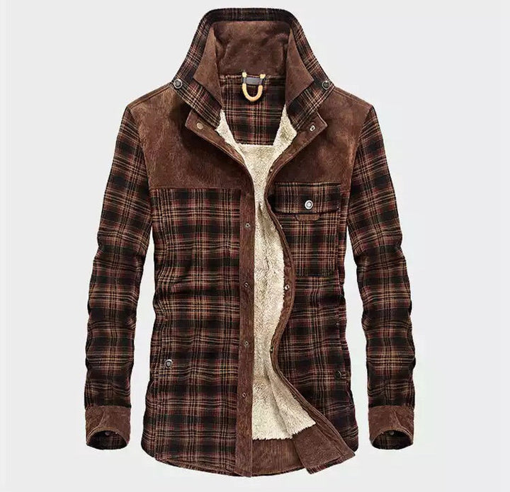 Men's stylish plaid button-down shacket. Warm, lined, and perfect for cold weather or casual winter outerwear.