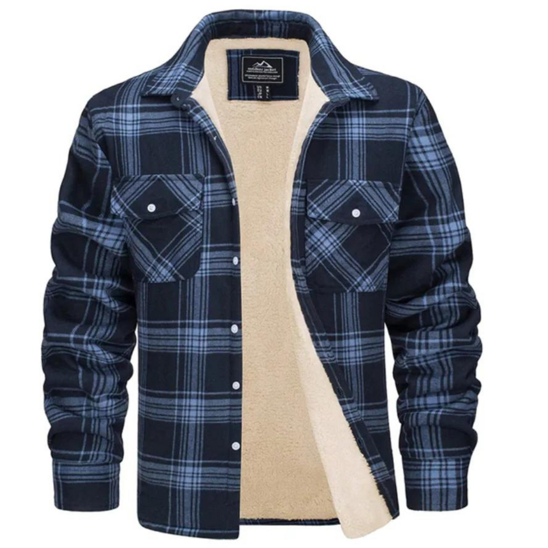 Warm plaid winter coat for men. Essential cold weather outerwear, combining comfort and style.