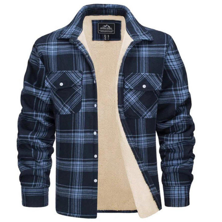 Warm plaid winter coat for men. Essential cold weather outerwear, combining comfort and style.