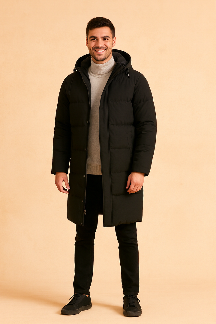 Men's warm quilted hooded winter jacket. Stylish outerwear, a cozy puffer coat for cold weather men's fashion.