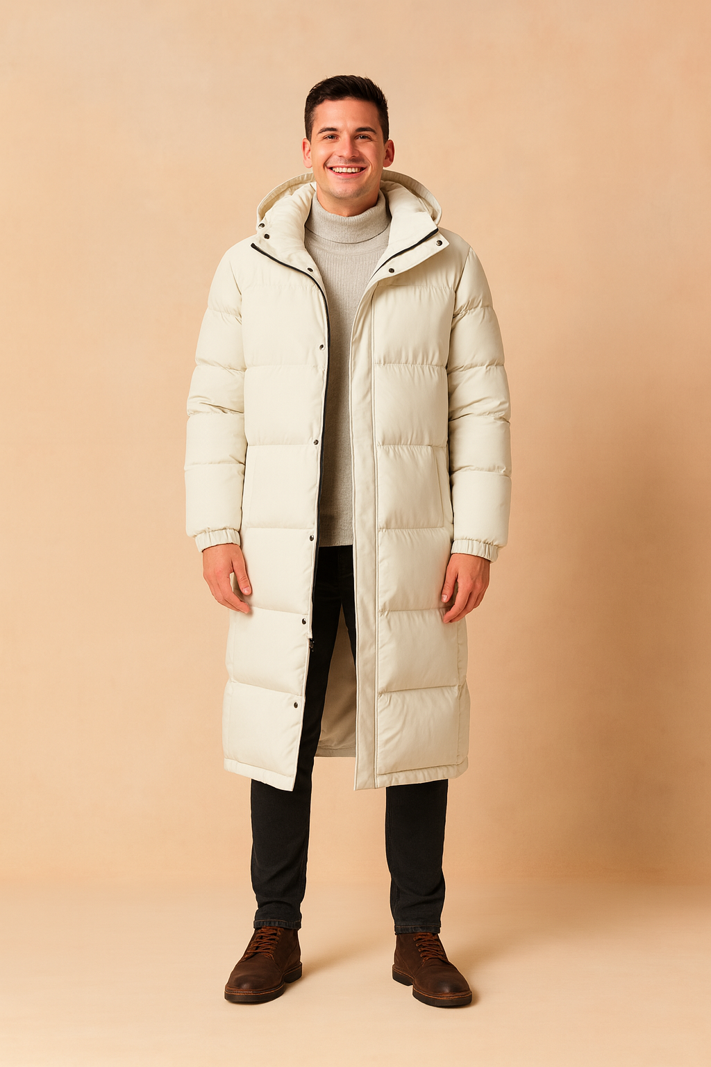 Long men's quilted hooded jacket, a warm puffer coat for winter. Ideal cold weather outerwear for men.