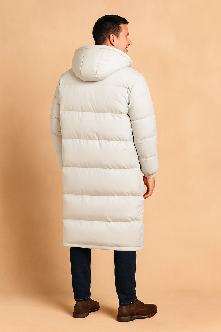 Men's quilted hooded winter coat, warm and stylish. Essential outerwear for cold weather and winter fashion.
