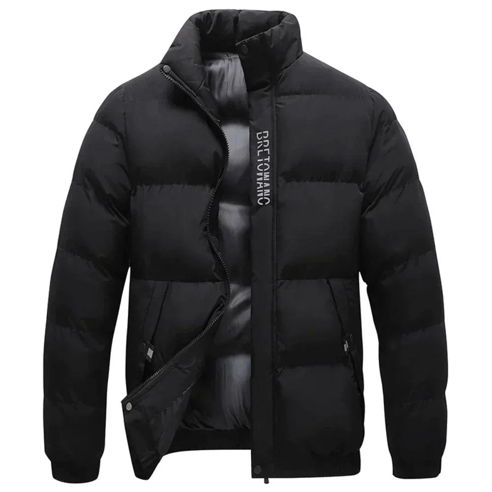 Casual men's full-zip quilted puffer jacket. Warm winter outerwear for everyday comfort in cold weather.