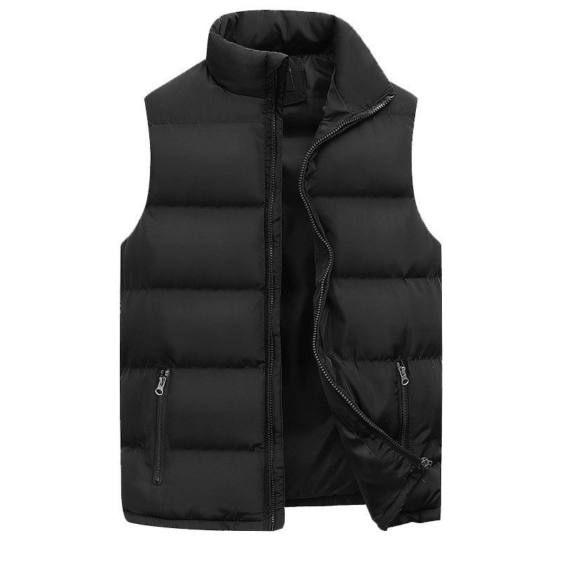 Men's warm quilted puffer vest with zip front, stylish sleeveless jacket for versatile winter layering and outerwear.