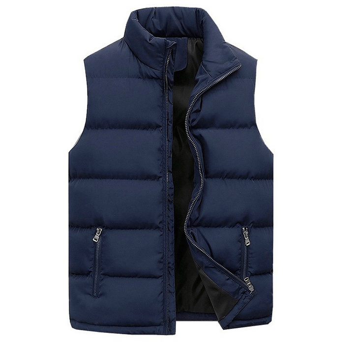 Stylish men's quilted puffer vest with zip front. Comfortable sleeveless jacket for casual winter warmth & outerwear.