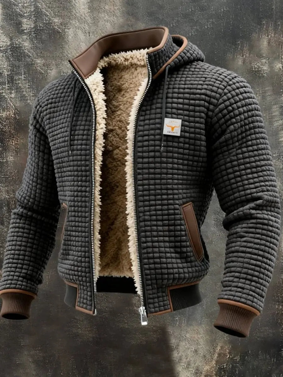Men's warm quilted winter jacket with hood, fleece lining, perfect for cold weather.