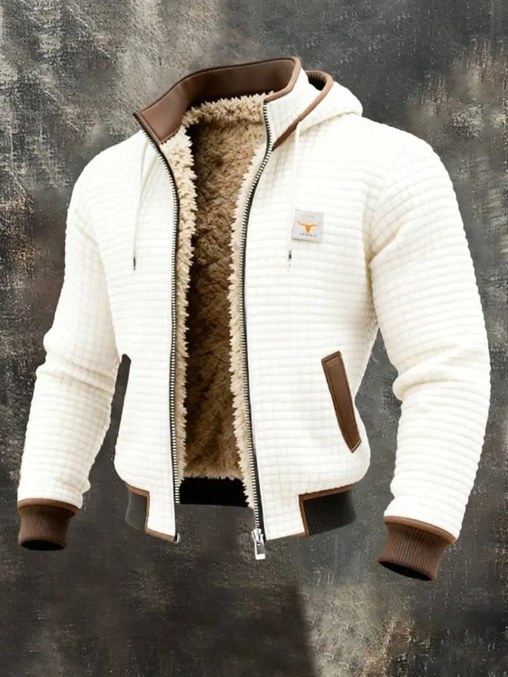 Cozy men's fleece-lined winter coat, quilted design, zip up, ideal outerwear for cold weather.