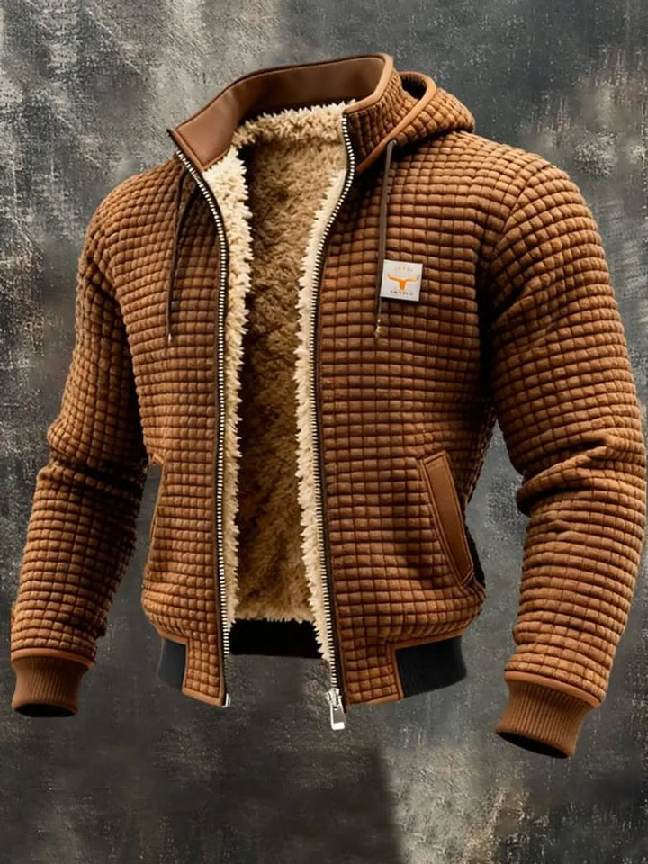 Durable men's zip-up winter jacket, quilted & hooded, fleece-lined for superior cold weather protection.