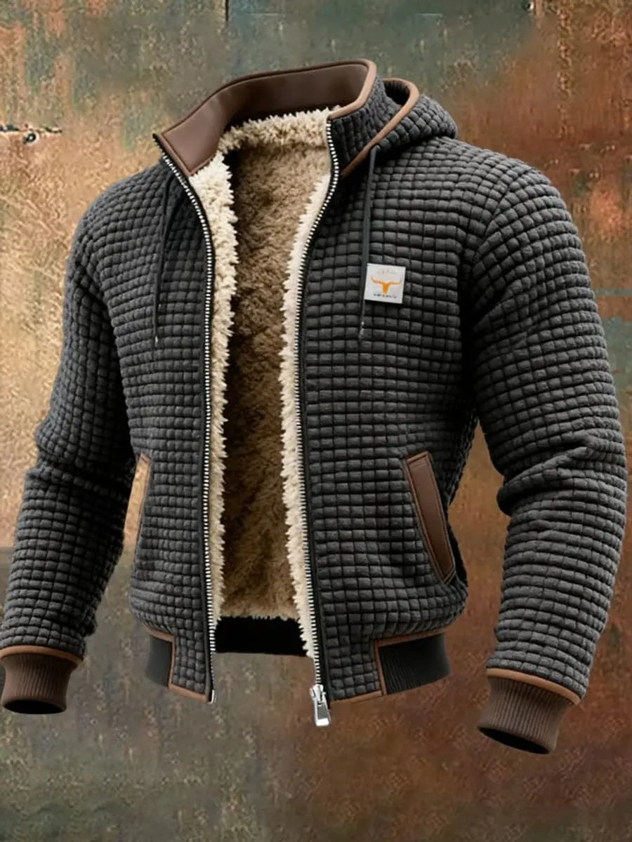 Modern men's quilted winter jacket, fleece lined & hooded, providing warmth for chilly days.