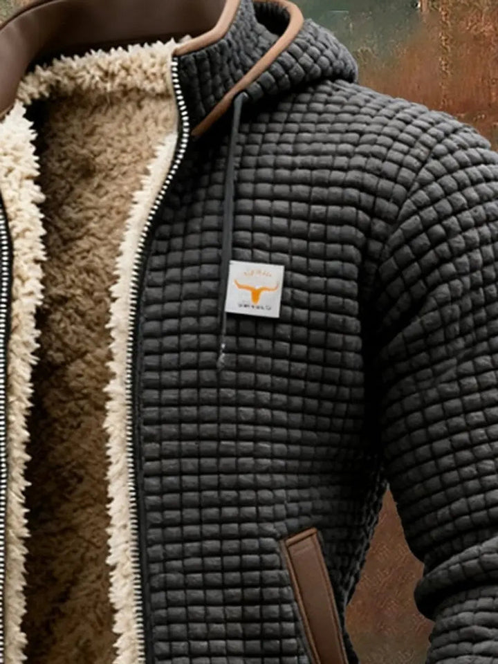 Versatile men's hooded quilted coat, fleece-lined, essential warm outerwear for winter seasons.