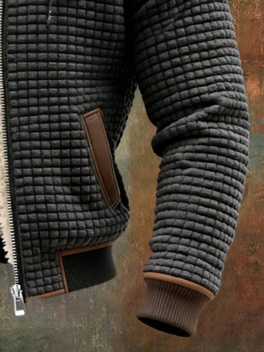 Men's warm quilted winter jacket, featuring a cozy hood and soft fleece lining for cold weather style.