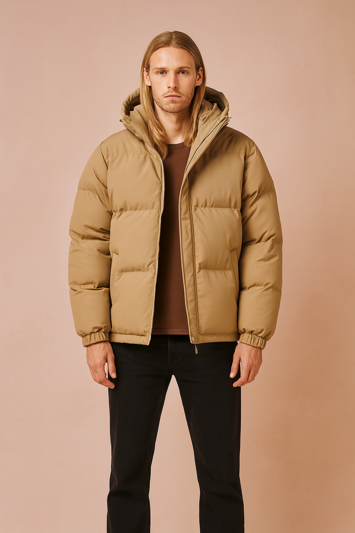 Stylish men's hooded puffer jacket, quilted design perfect for casual daily wear in winter.