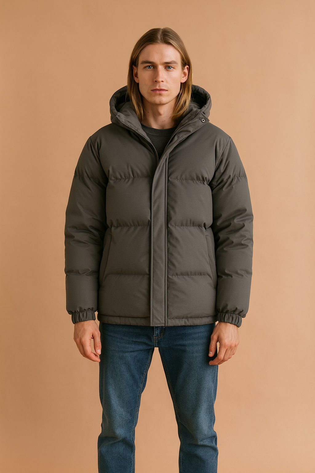 Man wearing a warm outdoor quilted winter jacket with hood, ready for cold weather adventures.