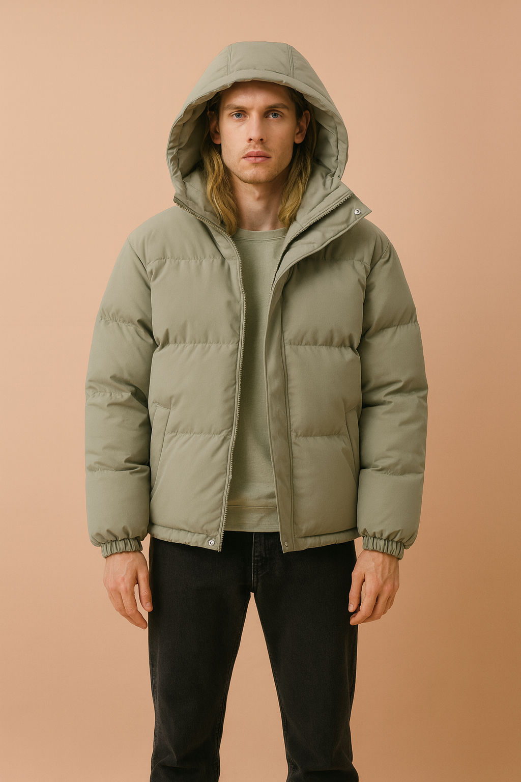 Durable men's quilted winter jacket with a cozy hood, offering warmth & protection from cold.