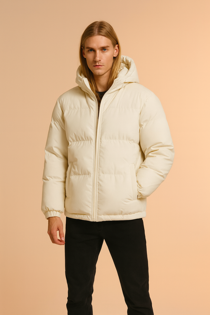 Men's hooded winter jacket, quilted & warm, essential outerwear for cold weather & outdoor use.