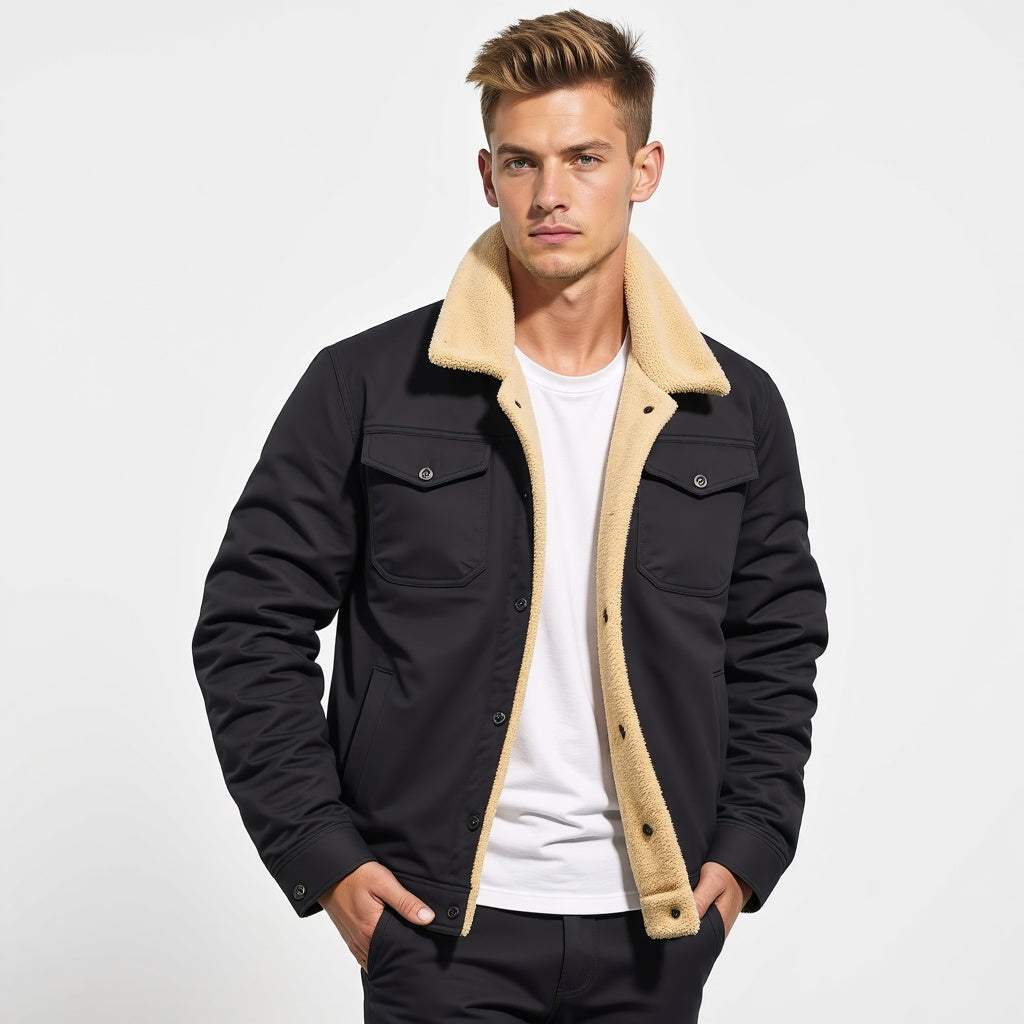 Durable men's winter coat with plush sherpa lining for warmth