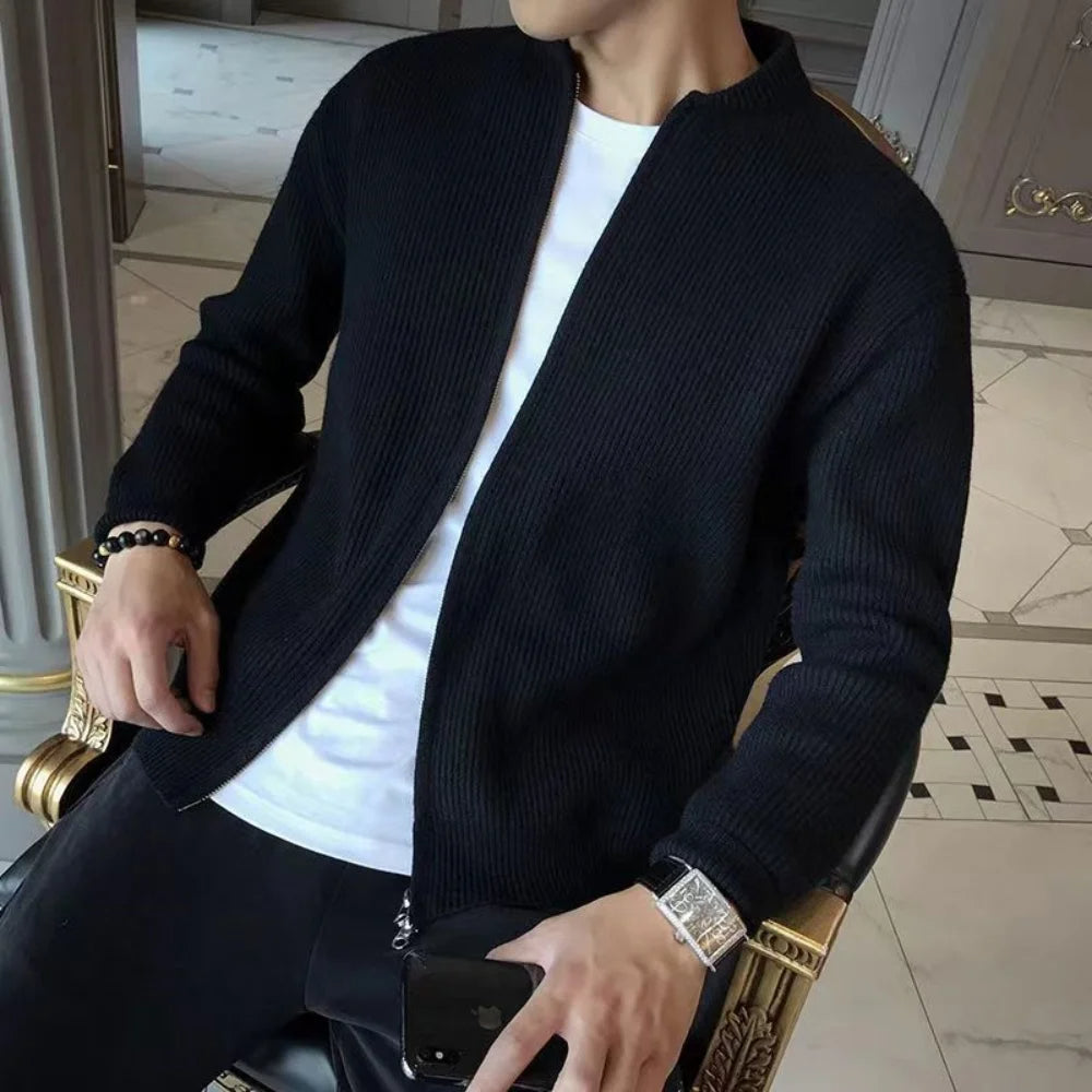Casual men's black zipper cardigan, warm and stylish outerwear, perfect for cool fall and winter days.