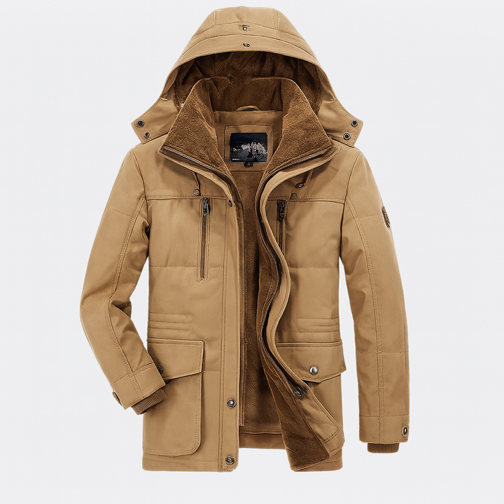 Stylish men's waterproof & breathable winter coat. Features a hood & zip pockets, perfect for cold weather & outdoor use.