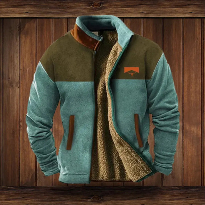 Stylish men's zip-up cardigan featuring a unique warm western Aztec print. Perfect fall winter outerwear.