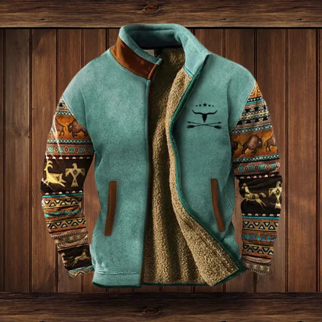 Mens unique western Aztec print zip-up cardigan, warm & stylish outerwear for fall and winter seasons.