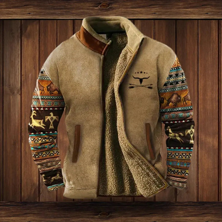 Rugged men's zip-up cardigan, featuring a warm western Aztec print. Ideal for casual fall/winter layering.