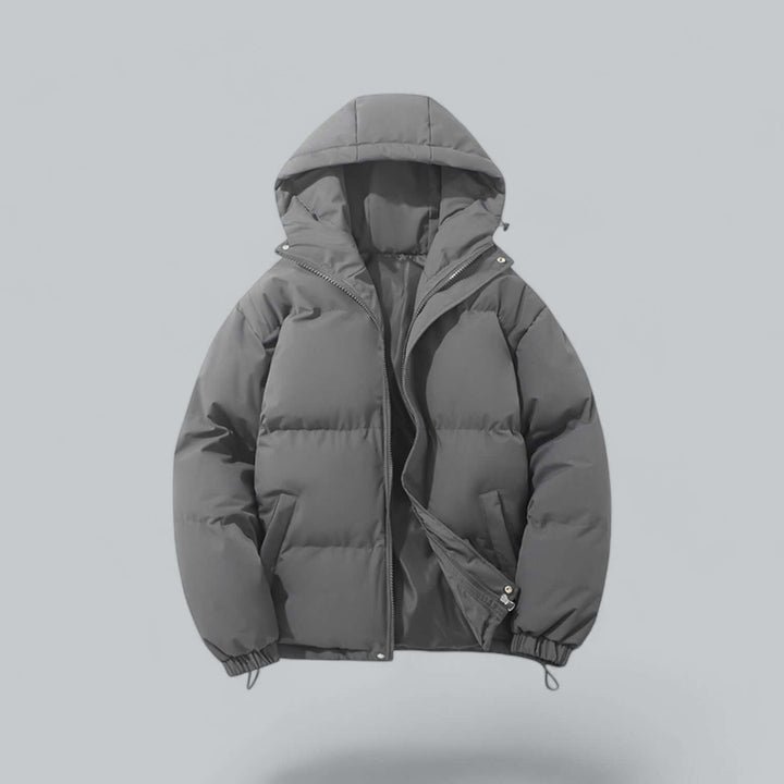 Durable men's outerwear: a warm hooded winter coat designed for extreme cold weather protection.