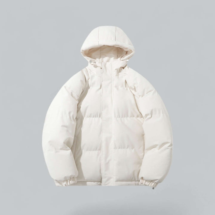 Essential men's warm winter jacket with an adjustable hood, ideal for cold weather and winter style.