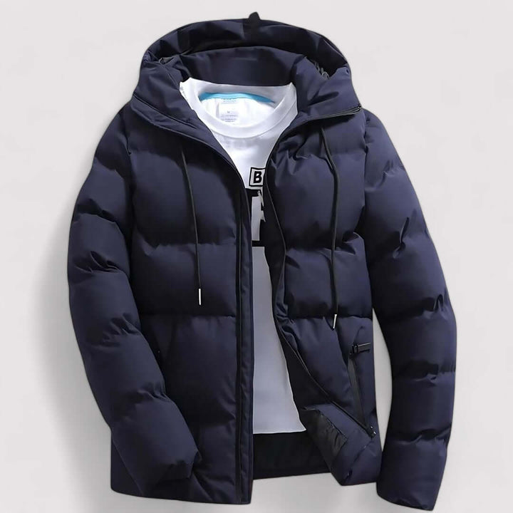 Men's warm winter parka jacket with faux fur trim, perfect for cold weather and stylish outerwear.
