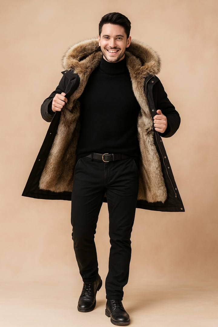 Men's warm winter parka jacket with hood, perfect for cold weather and urban style.