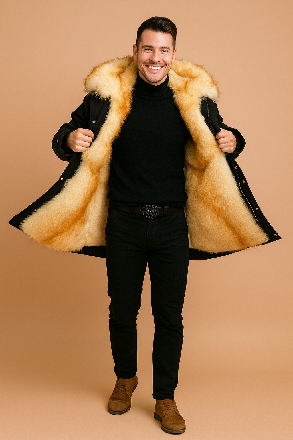 Stylish hooded parka jacket for men, essential cold weather outerwear with fashion details.