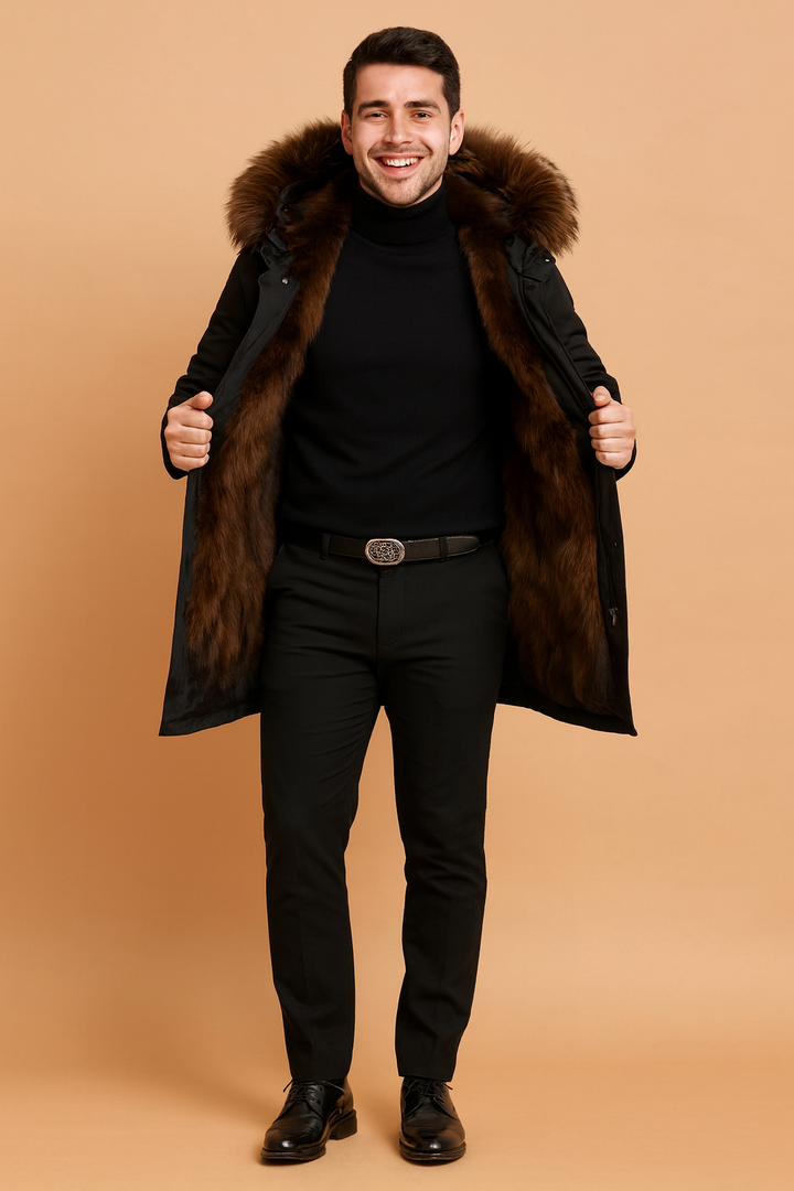 Cozy hooded men's parka, offering superior warmth and trendy fashion for winter.