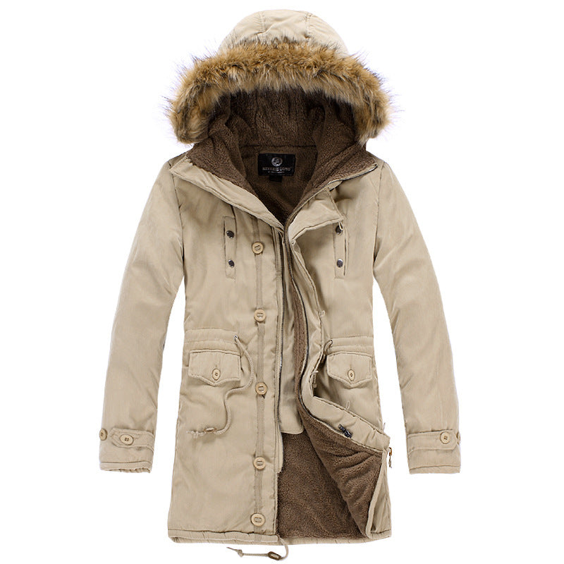 Stylish men's insulated parka jacket, functional for casual cold weather wear, with a practical removable hood.