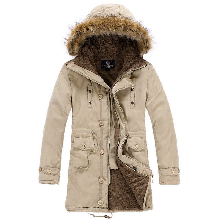 Stylish men's insulated parka jacket, functional for casual cold weather wear, with a practical removable hood.