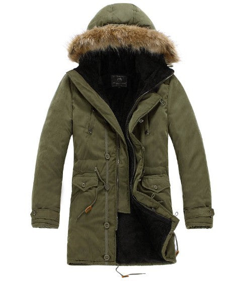 Close-up of a men's utility winter parka, showcasing the warm insulated fabric and detail of the removable hood.
