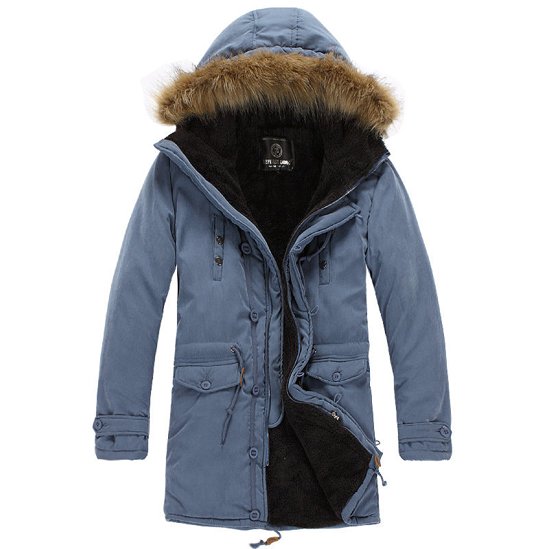 Man wearing a warm, functional men's winter parka jacket, perfect for cold weather and casual outdoor activities.