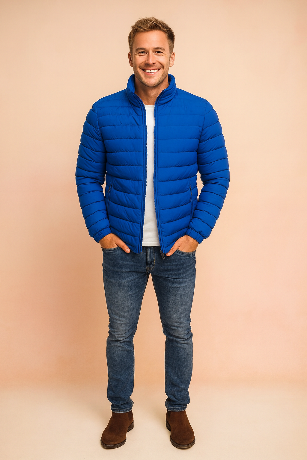 Stylish men's winter jacket, featuring a quilted puffer design and down insulation.