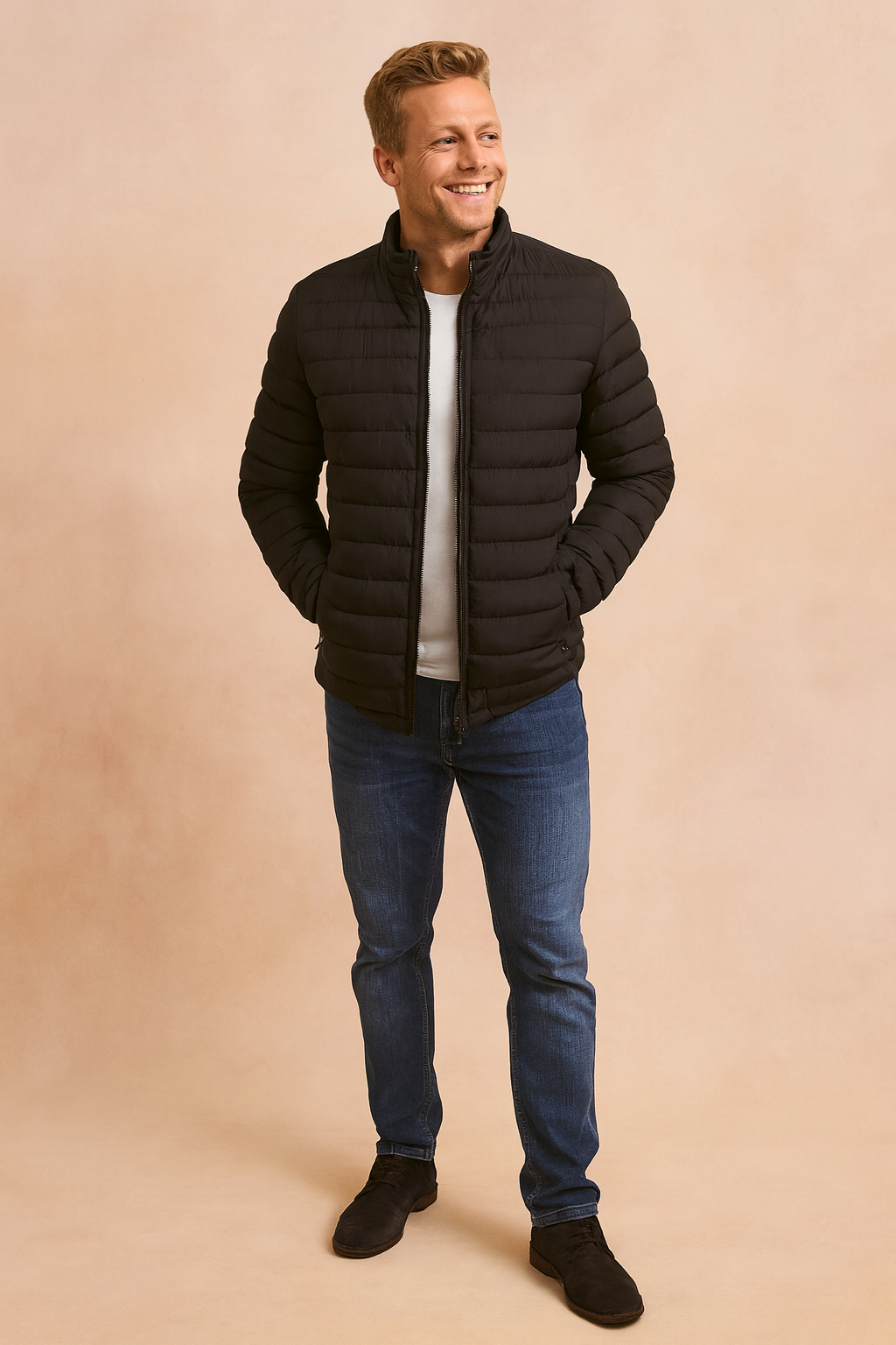Casual outerwear for men: a comfortable and warm down-filled puffer jacket.