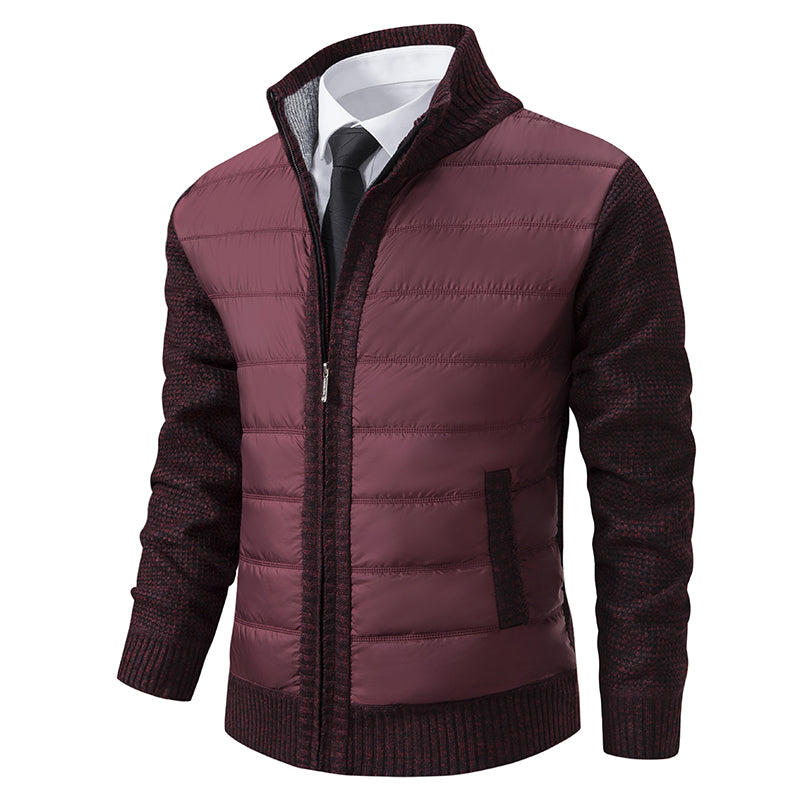 Men's warm zip-up puffer jacket with stylish knitted sleeves. Perfect for winter outerwear.