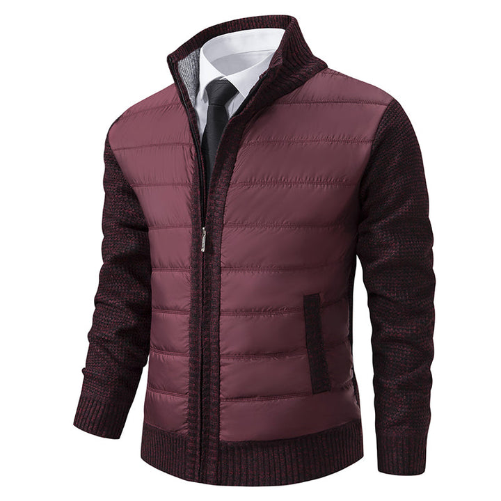 Men's warm zip-up puffer jacket with stylish knitted sleeves. Perfect for winter outerwear.