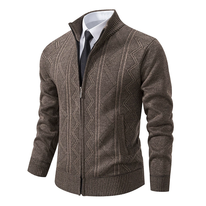 Trendy men's warm puffer jacket, full zip, featuring unique knitted sleeves. Ideal for casual wear.
