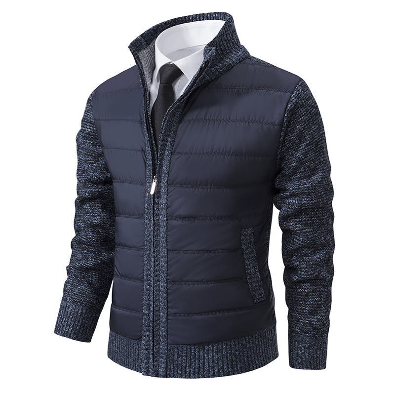 Stylish men's puffer jacket with unique knitted sleeves & full zip. Ideal for fall/winter casual wear.