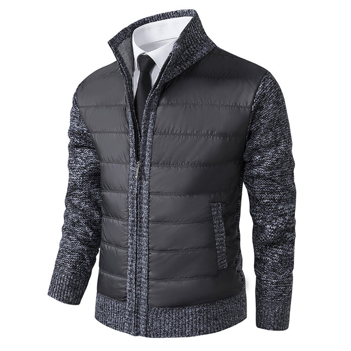 Warm men's zip-up puffer coat featuring comfortable knitted sleeves. Essential winter outerwear.