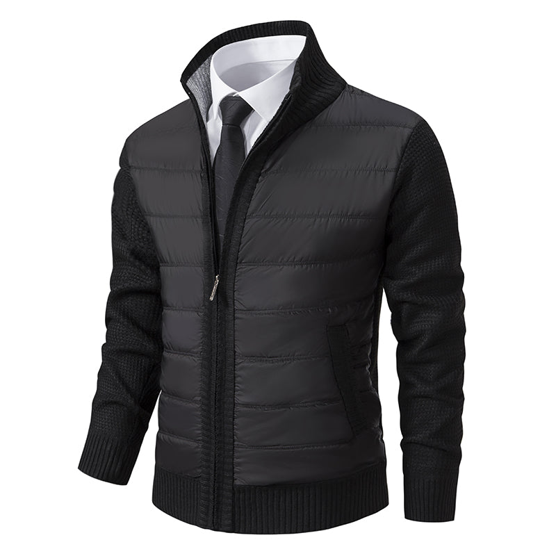 Men's fashion puffer jacket, zip-up, with distinctive knitted sleeves. Great for cold weather.